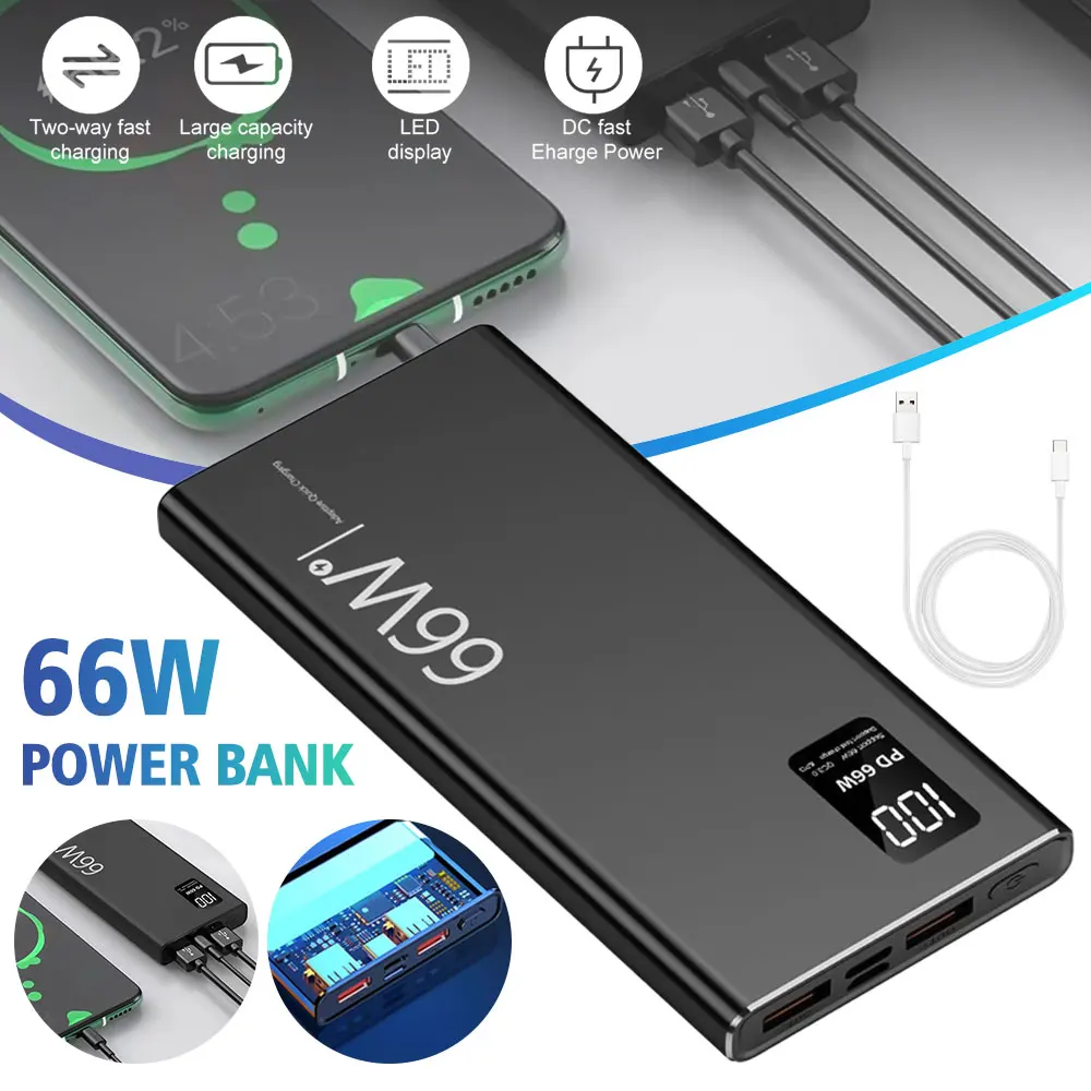 

Портативный внешний аккумулятор 66W Super Fast Charging Power Bank 20000 мАч с Li-Polymer батареей, двумя USB-портами и быстрой зарядкой PD 20W для мобильных телефонов, черный