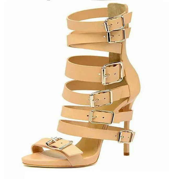 

Women Buckle Straps Cut out Sandals Gladiator Belt Fasten Heels Open toe Thin Heels Back Zipper High Heels Sandal Booties