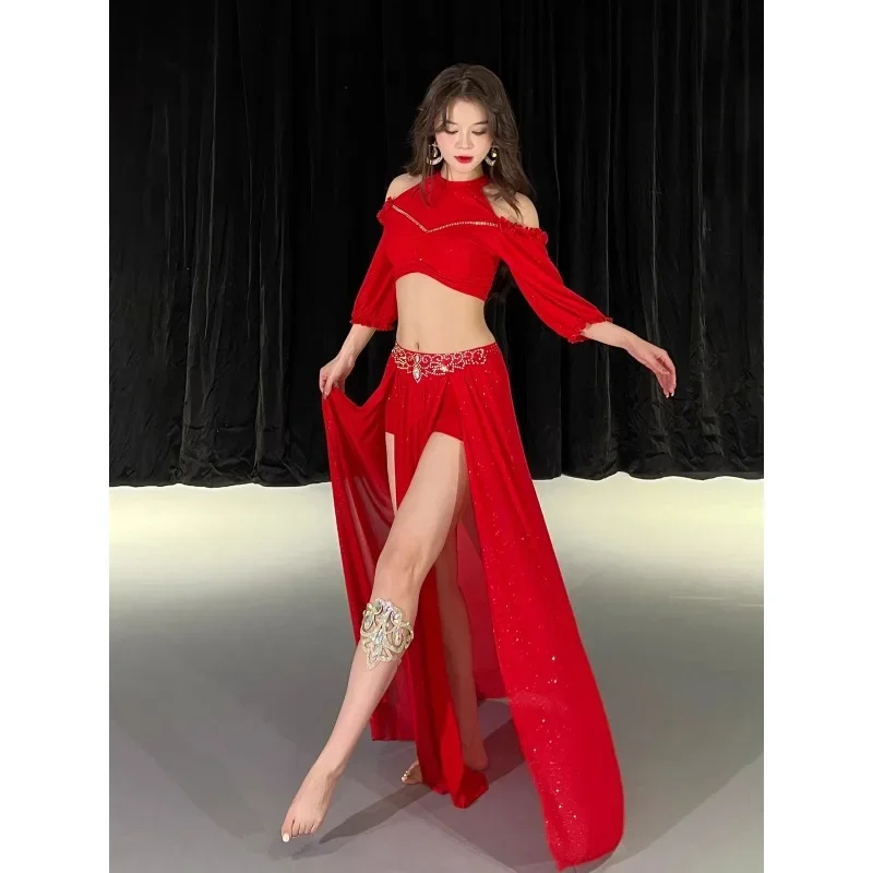 Belly Dance Costume Set for Women Gauze Half Sleeves Top+senior AB Stones Split Skirt 2pcs Adult Oriental Bellydance Outfit