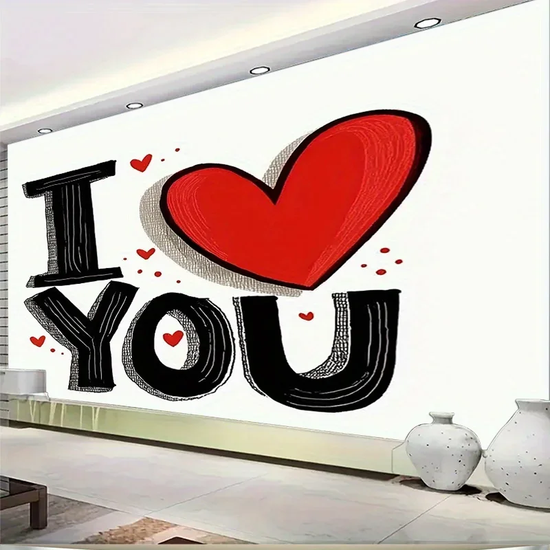خطة ثنائية الأبعاد، لافتة خلفية جدارية مكونة من قطعة واحدة لعيد الحب - تصميم قلب أحمر "I Love You".