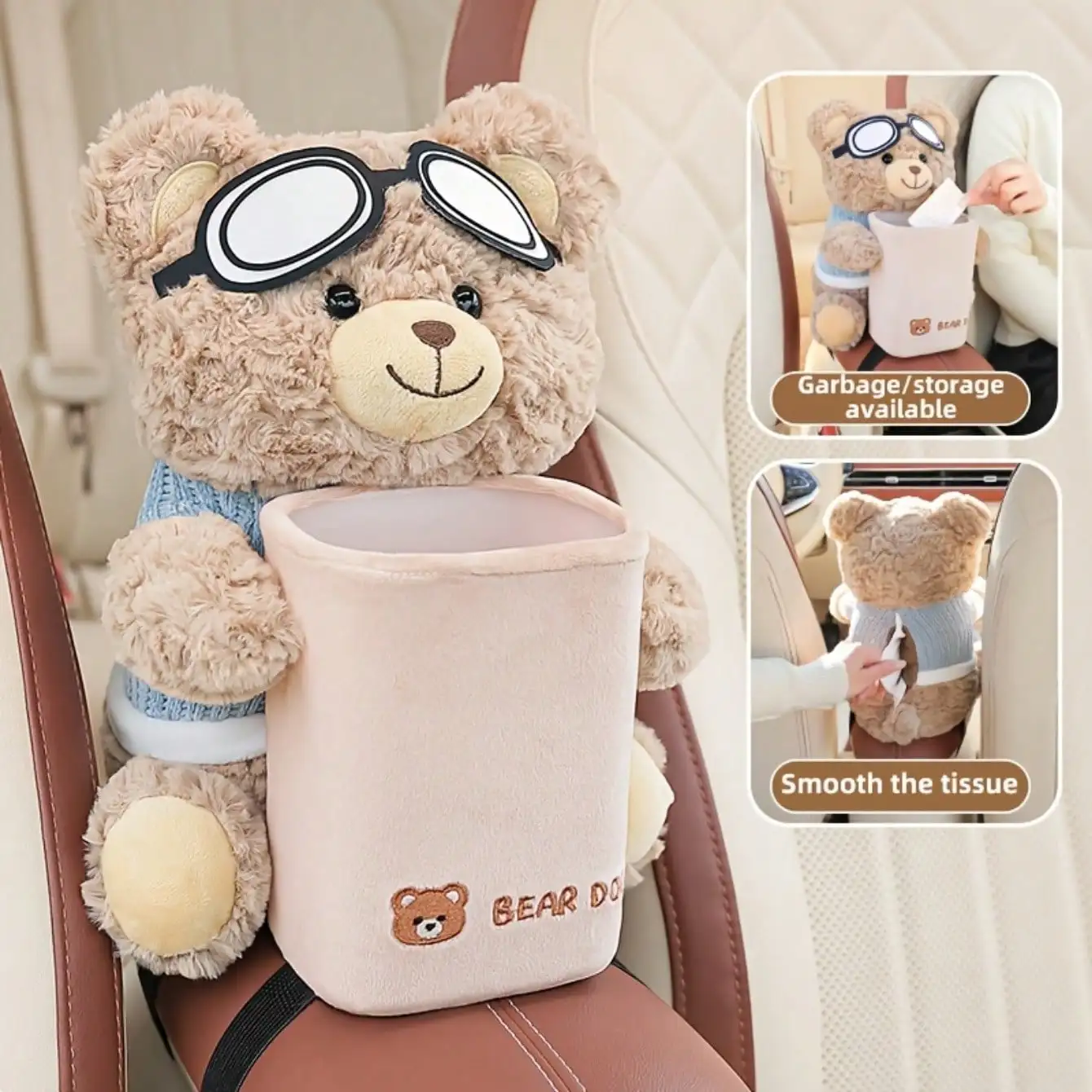 Plush Bear 2-in-1 Tissue Holder & Trash Bin, Large Capacity Multipurpose Storage Organizer for Car Desktop Home, Unique Gift