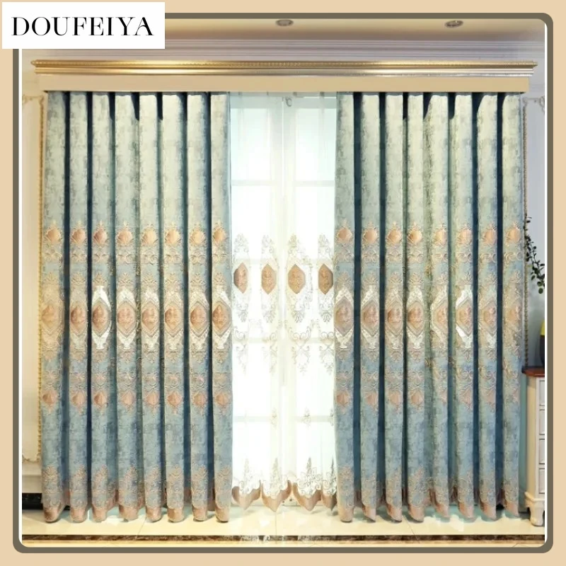 

European-style Luxury Curtains Living Room Bedroom Dining Room Balcony Custom Blackout Chenille Embroidered Brown Valance Decor