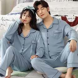 Pijama de algodón para hombre y mujer, para el hogar de manga larga ropa de dormir, conjunto de ropa de dormir para pareja, novedad, Primavera