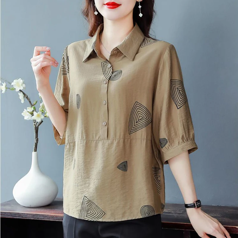 Middle Aged Women Summer Fashion Geometric Print Button Up Shirt Casual Lapel Cotton Linen Blouse Ladies Short Sleeve Loose Tops