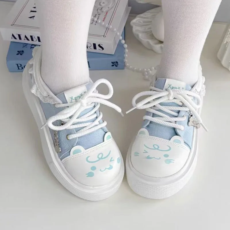 New Women's Casual Shoes Cute Cartoon Print Lace Trim Canvas Shoes Fashion Platform Sneakers Girls Lolita Thick-soled Shoes 2025