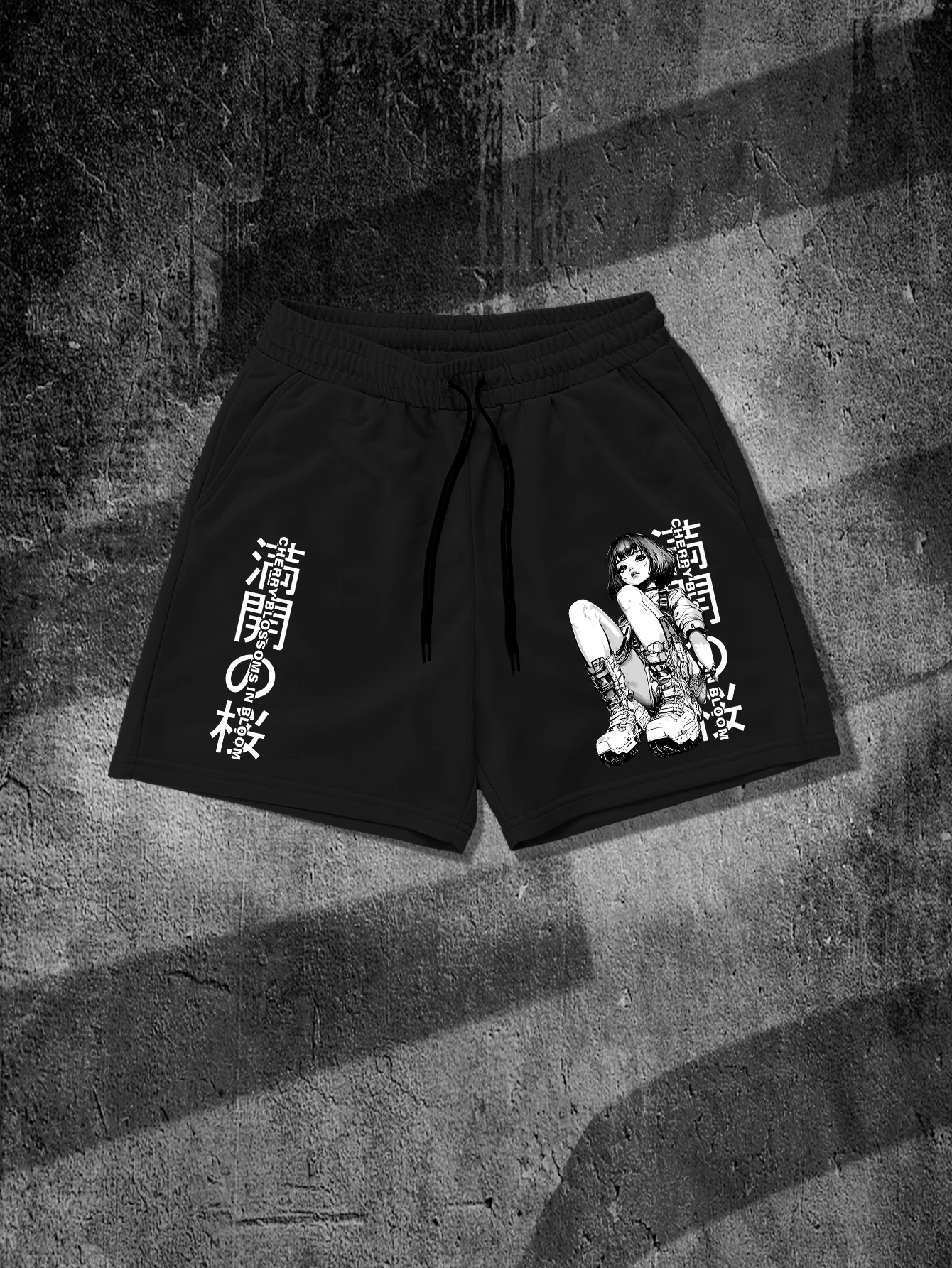 Harajuku Anime Girl Japanese Text Oversized Shorts, Men's Streetwear Drawstring Polyester Casual Graphic Shorts