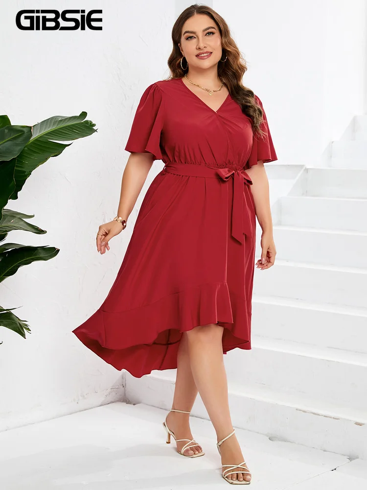 GIBSIE Plus Size Surplice Neck Belted High Waist Ruffle Hem Dress Women Summer Short Sleeve Pockets Asymmetrical Long Dresses