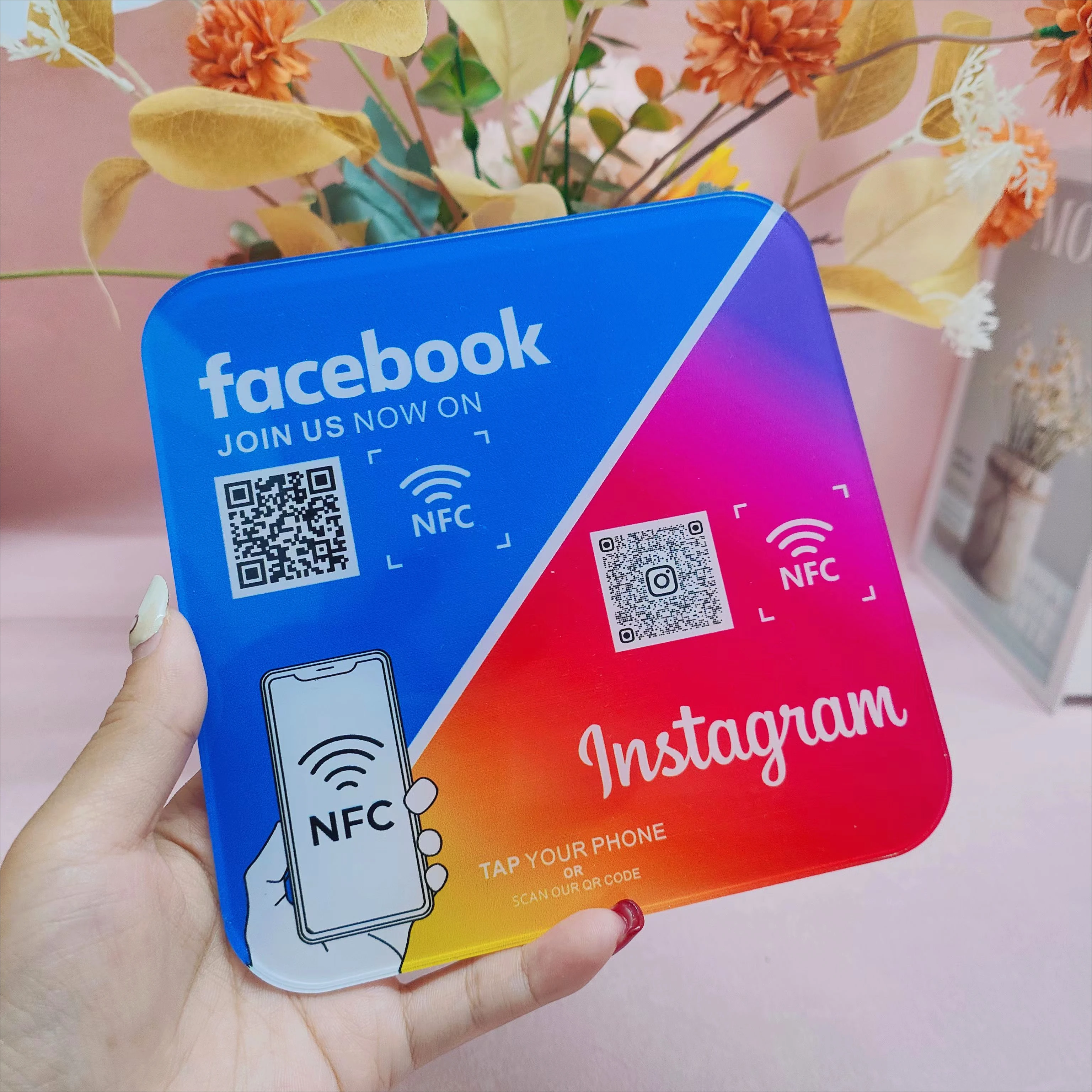 2-in-1 Social Media Connected Plate Tap or Scan Contactless NFC QR Code Sign Acrylic Google Review QR Sign NFC QR Code Display