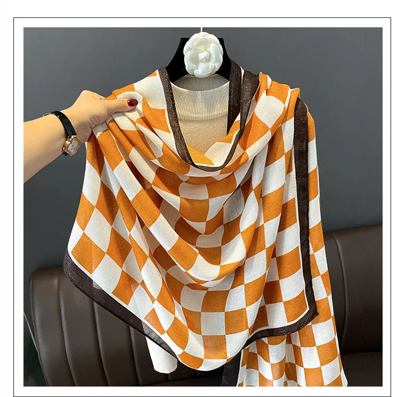 New retro checkerboard fashion cotton and linen feel oversized silk scarf gauze female summer air conditioning shawl warm scarf