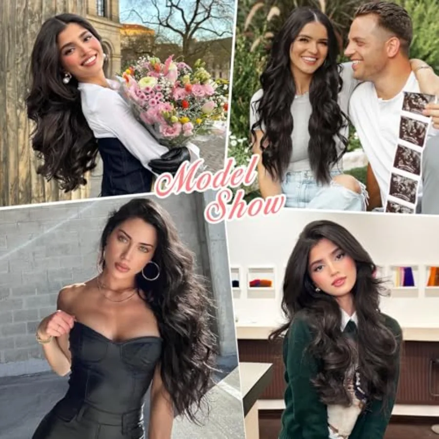 وصلات شعر صناعية طويلة مموجة من كليبين 24 بوصة أسود طبيعي 4 قطع شعر سميكة للنساء مع شعر من ألياف اللحمة المزدوجة