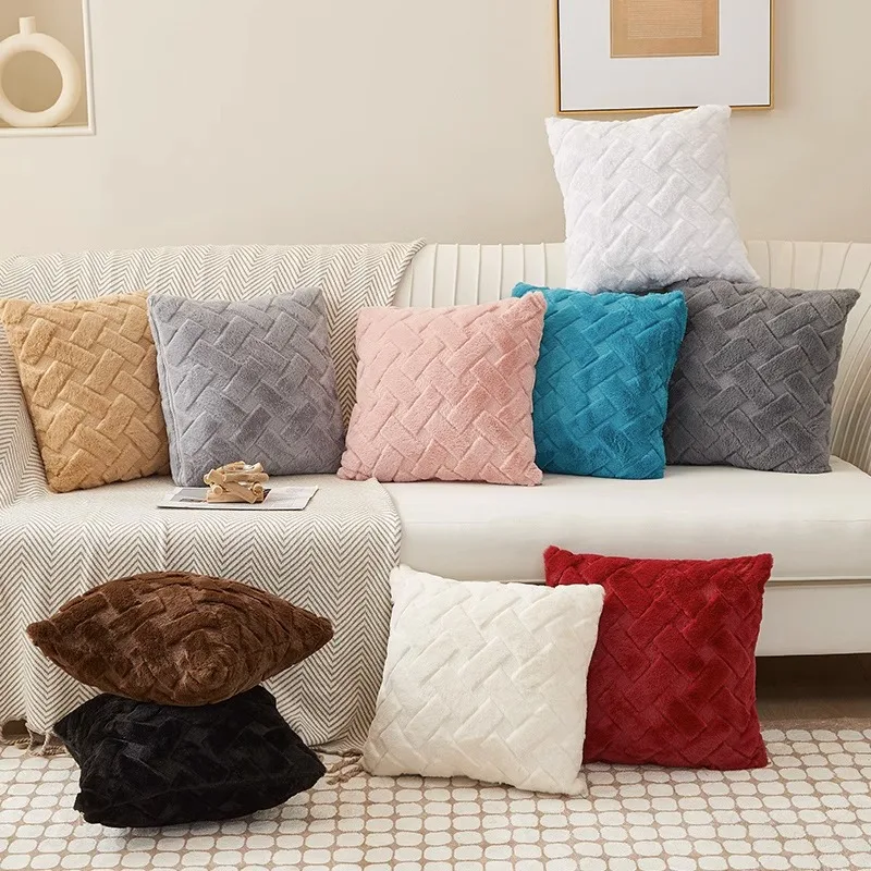 1PC Simple Solid Color Faux Rabbit Throw Pillow Covers 45x45cm Double-sided Plush Sofa Cushion Cover Home Decorative Pillowcase