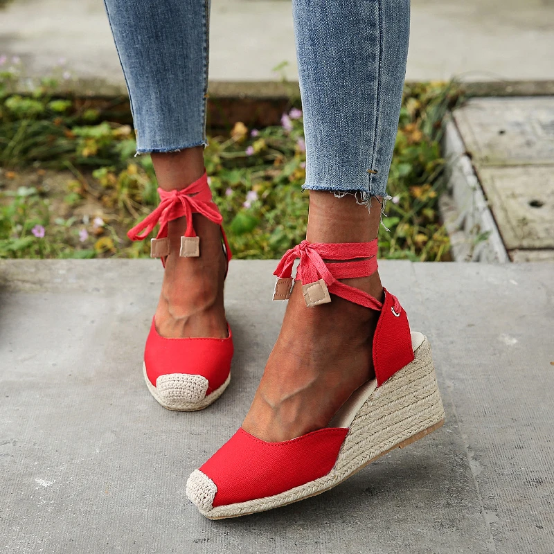 2024 Damen Espadrille Knöchelriemen Sandalen Bequeme Hausschuhe Damen Damen Freizeitschuhe Atmungsaktive Flachs Hanf Canvas Pumps