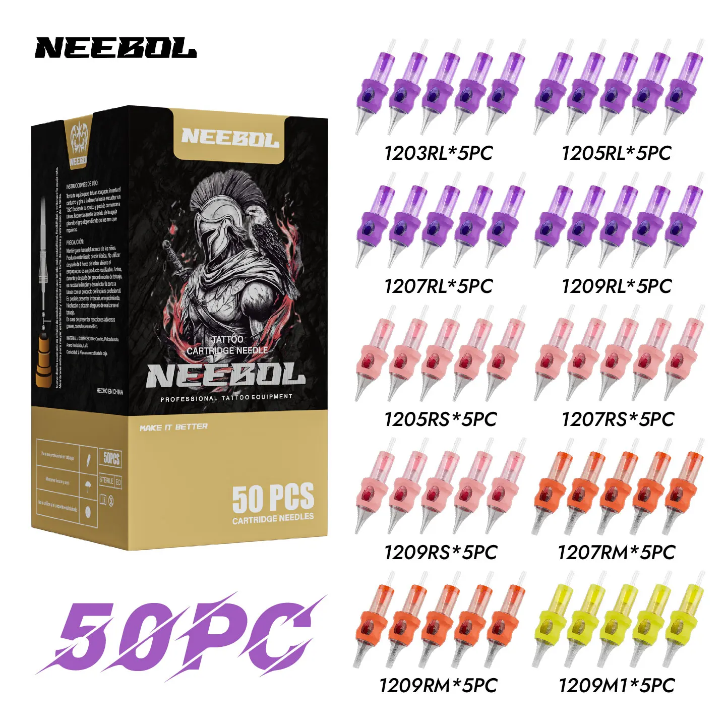 Neebol Tattoo Cartridge Needles Disposable Finger Ledge RL RS RM M1 Round Liner Round Magnums Mixed Size Permanent Makeup