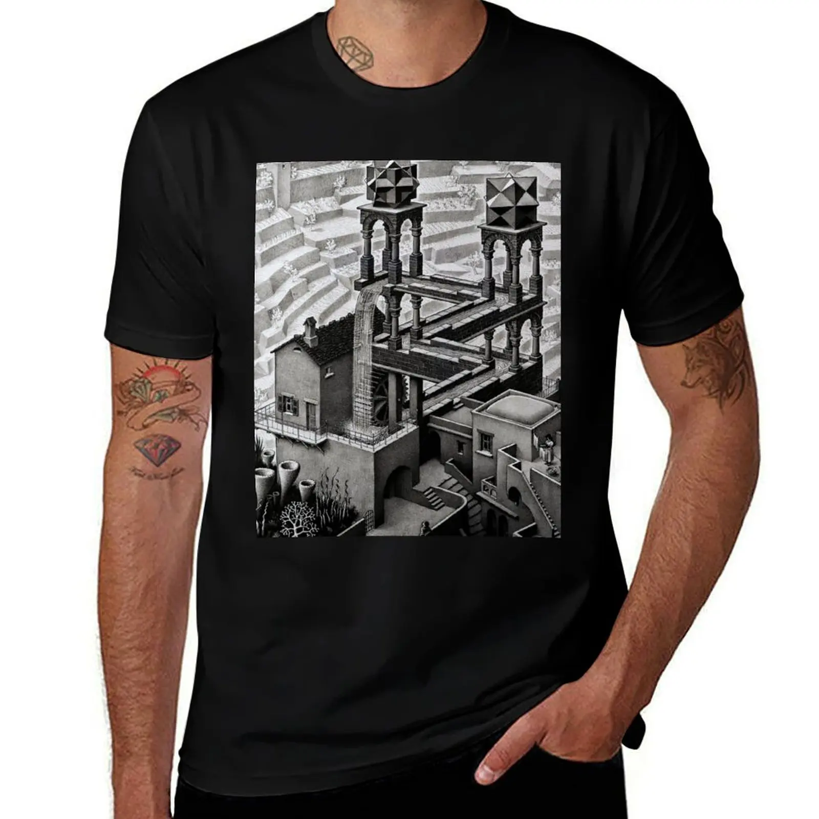 Waterfall, by M.C. Escher T-Shirt All Match Basic Short Sleeve Top