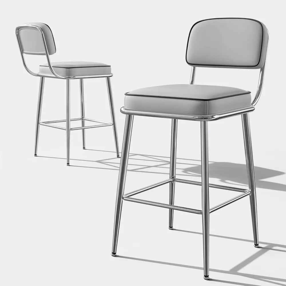 Juego de 2 taburetes de bar modernos con altura de mostrador, 26 polipiel gris con patas de metal plateado, reposapiés, cocina, isla, comedor C