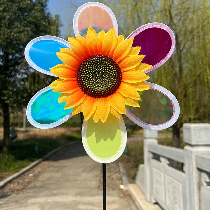 1pc Outdoor Garten Rasen Hof Vogel Angst Wind Spinner Obstgarten reflektierende sechs Farben schillernde Sonnenblume Windmühle Kinderspiel zeug