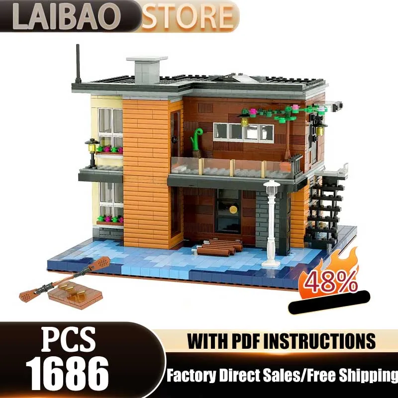 ซิตี้สตรีทวิว โมค บล็อกตัวต่อ บ้านริมทะเลสาบ โมเดลเทคโนโลยี ตัวต่อ DIY ของเล่นประกอบ ชุดของขวัญวันหยุด