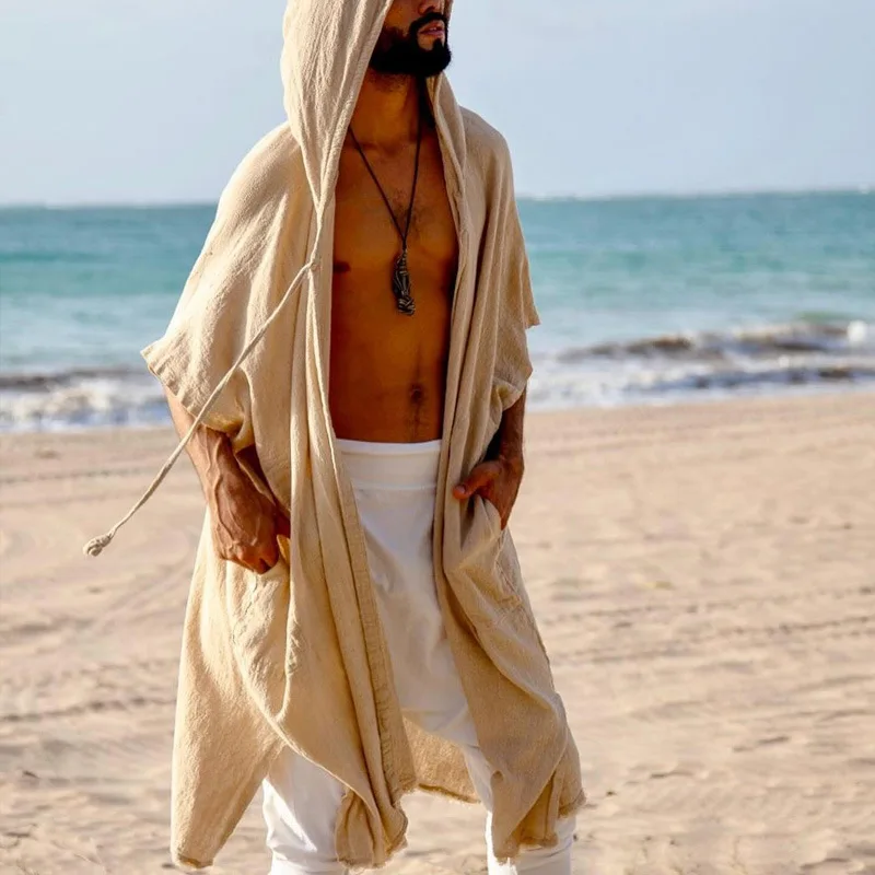 

2025 Men's Summer Mid-length Cardigans Loose Casual Sun Protection Clothes Beach Holiday Style Shawl Coat Male Long Hooded Cape