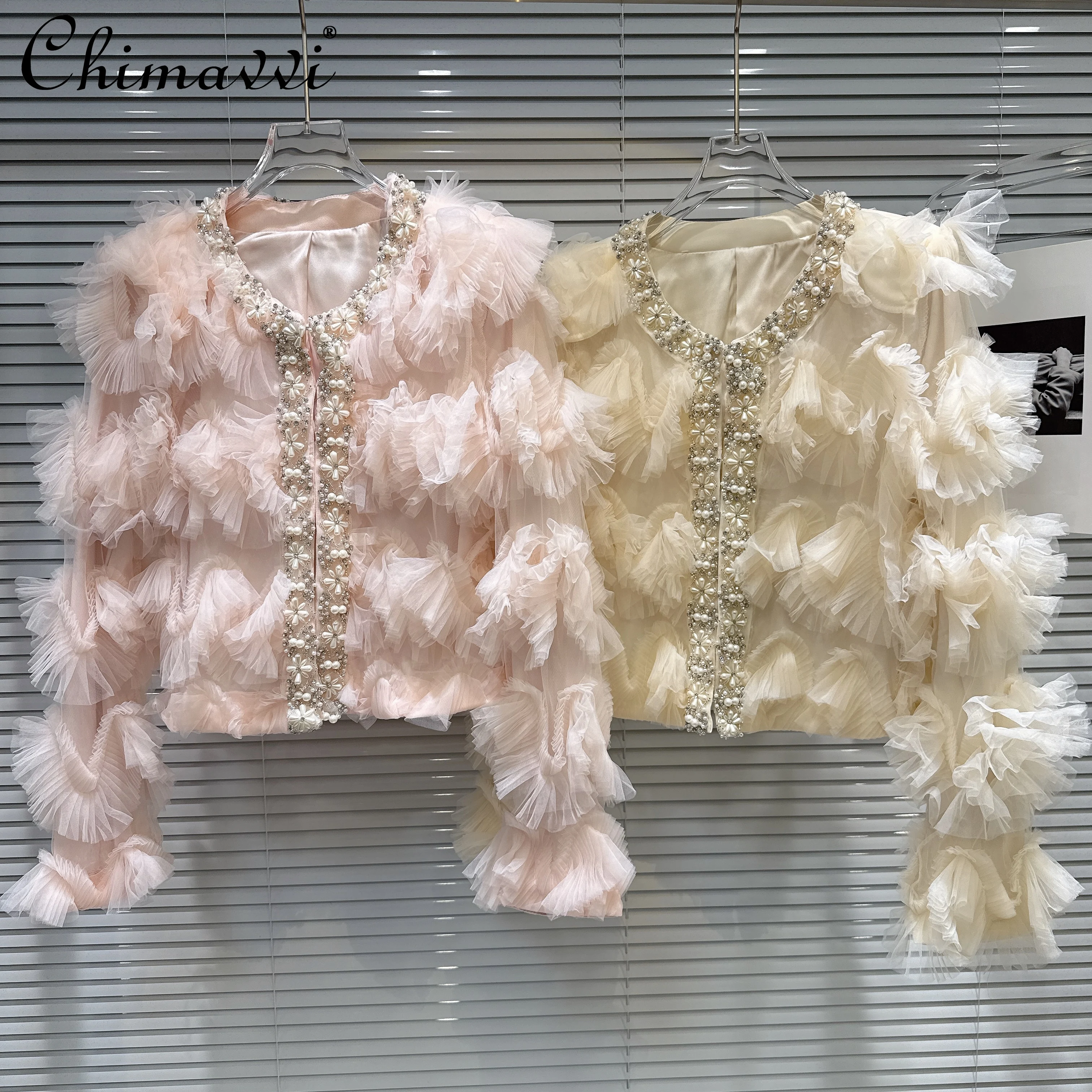 

2025 Autumn New French Fashion Pearl Lace Layered Mesh Short Coat High-End Long Sleeve Slim Fit Elegant Party Jacket Women's Top