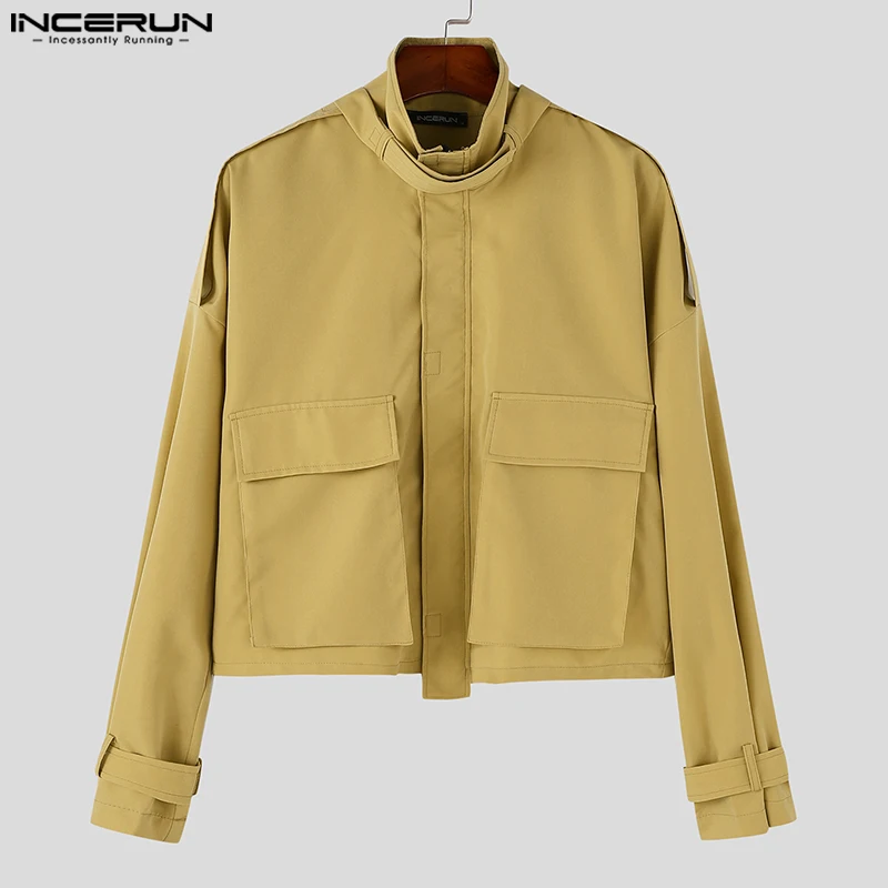 INCERUN Men Jackets Solid Color Stand Collar Long Sleeve Pockets Casual Male Coats Streetwear 2024 Zipper Fashion Jackets S-5XL