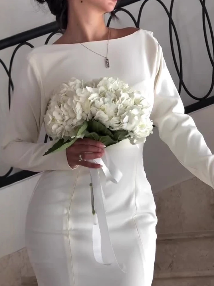 Vestido de dama de honor plisado Simple, moda, cuello redondo, manga larga, cintura alta, corte en A, temperamento elegante, ajustado, vestido envolvente a la cadera