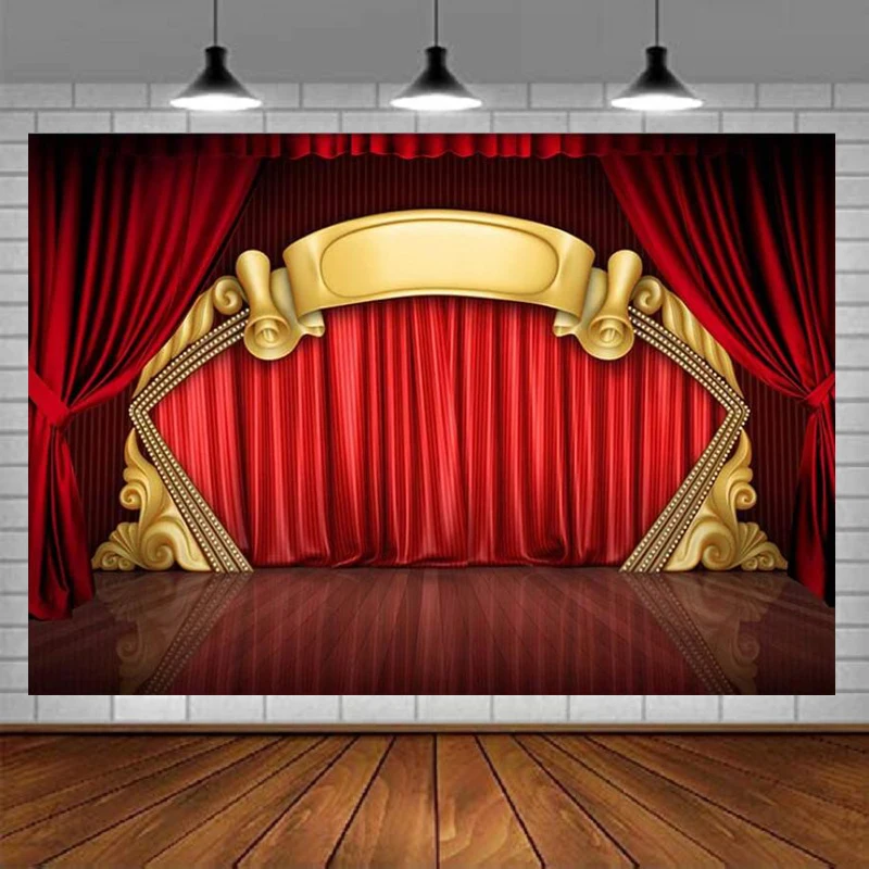 Photography Backdkrop Theater Stage Red Carpet Party Golden Curtain Wooden Floor Background Wedding Birthday Baby Shower Props