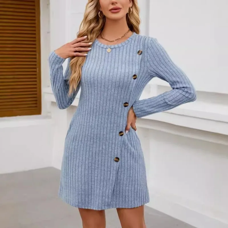Casual Women's Long Sleeved Top Autumn Women's Round Neck Pit Stripe Brushed Split Autumn Solid Color Loose Button T-shirt