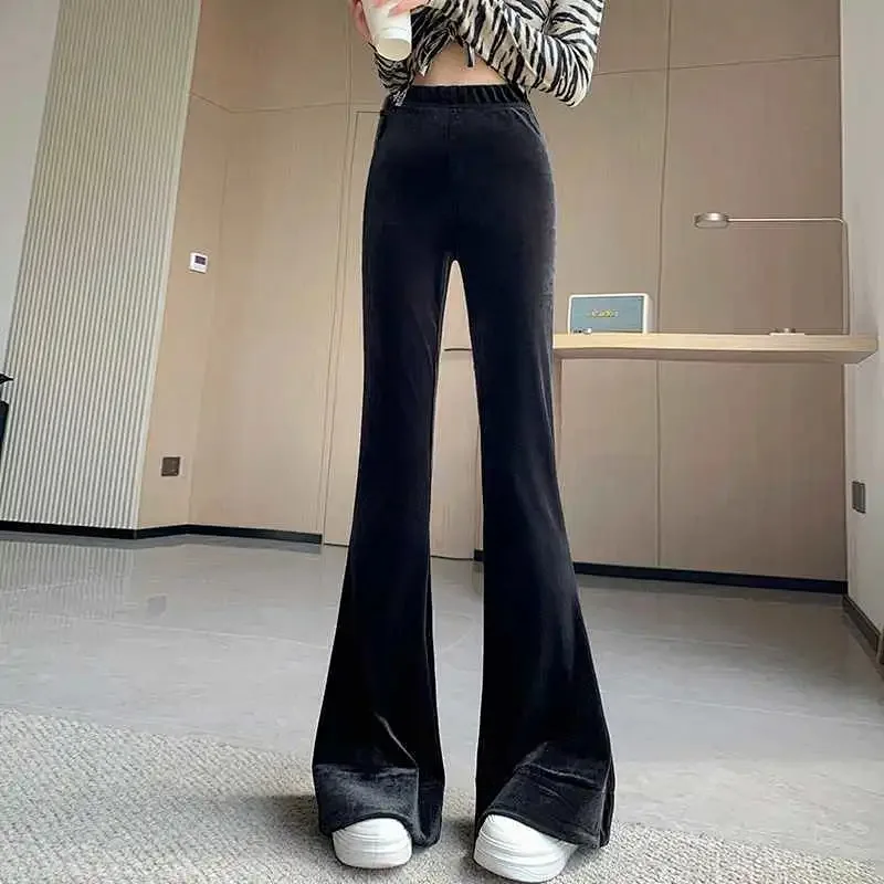 Gold Velvet Boot-cut Trousers for Women Spring Autumn New Korean Fashion Casual Trousers High Waist Slimming