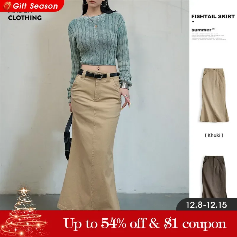 Maden High Waist Slim Fishtail Skirt for Women Versatile Solid Color Elegant Long Half-body Skirt A-line Dress Slight Stretch