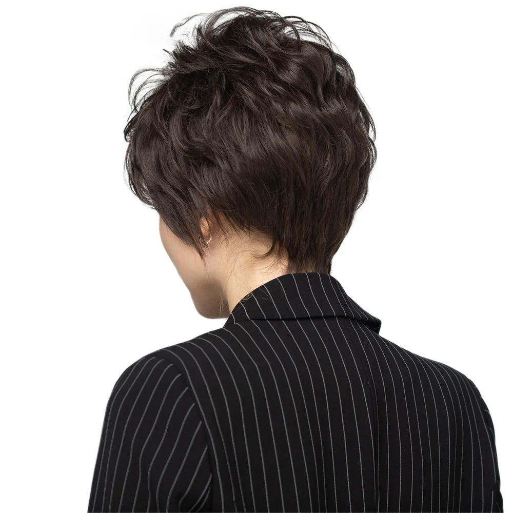 Black-Brown Pixie Cut Wigs For Women Short Straight Layered Wigs With Bangs Dark Brown Human Hair Mixed Synthetic Wigs Hair