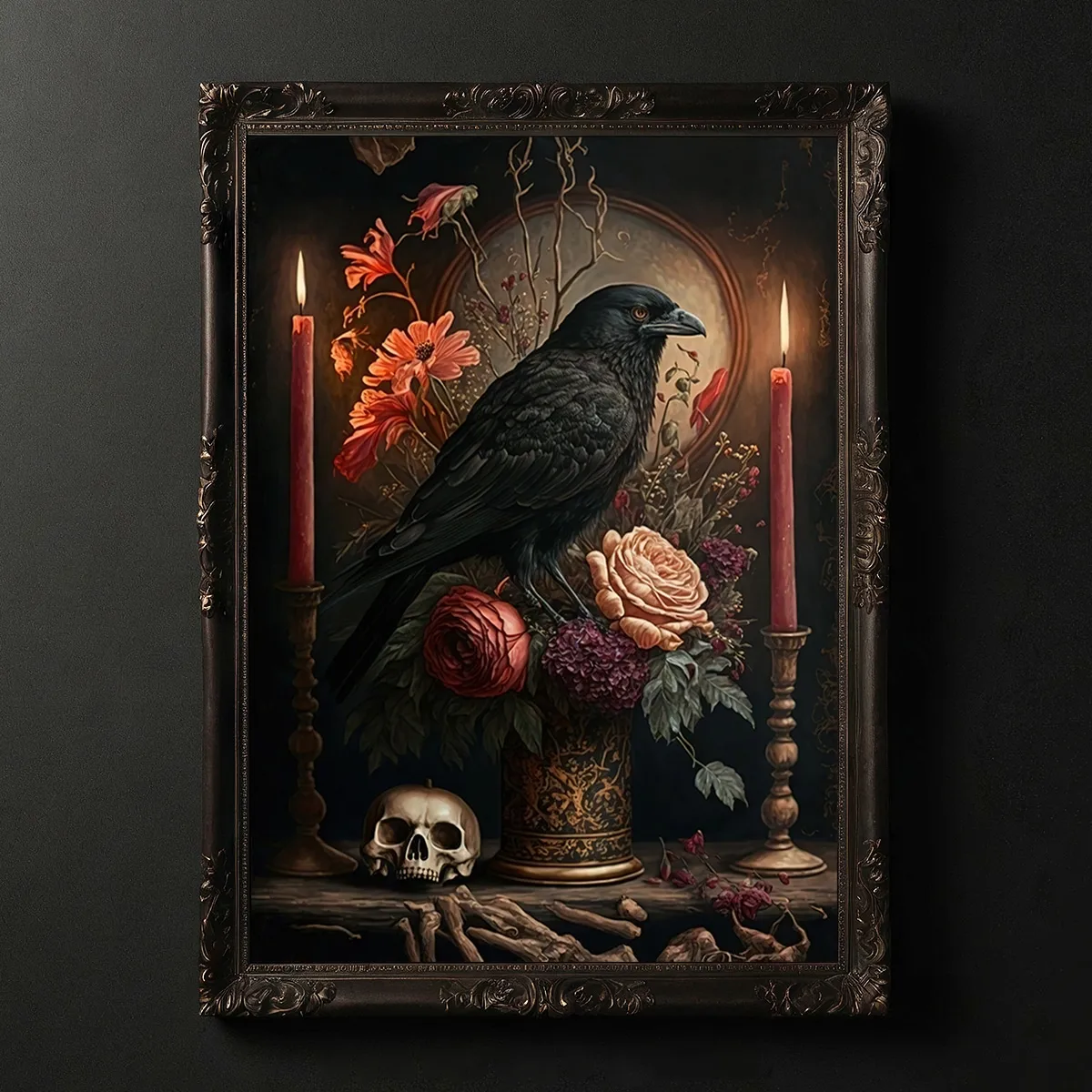 1 قطعة مجردة القوطية قماش جدار الفن |   جمجمة الغراب، طباعة الأزهار والشمعة، بدون إطار |   ديكور مثالي للمنزل #1