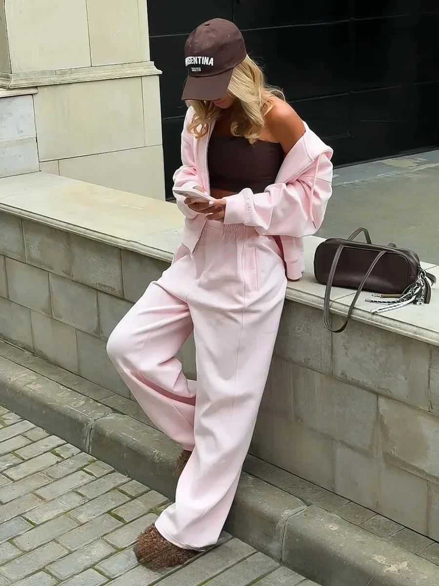 Blubelle Jesień Zima Nowy Zestaw: Rozpinany Sweter z Zamkiem, Bluza, Długie Spodnie, Damski Zestaw Bluza i Spodnie z Szerokimi Nogawkami, Zestaw Bluza z Kapturem