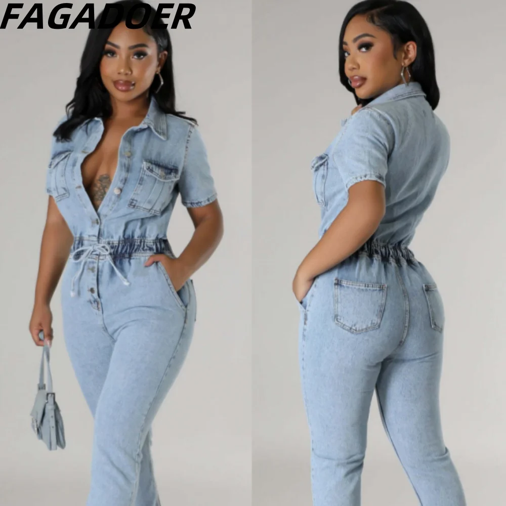 FAGADOER Light Blue Denim Fashion Drawstring Jumpsuits Women Turndown Collar Short Sleeve Button Playsuits Casual Cowboy Overall