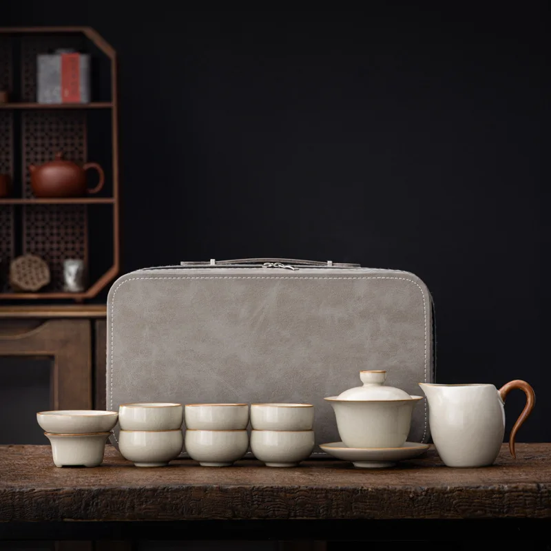 

Beige Ru Kiln Travel Tea Set Portable Camping Outdoor Tea Drinking Equipment with Tea Tray Business Gift