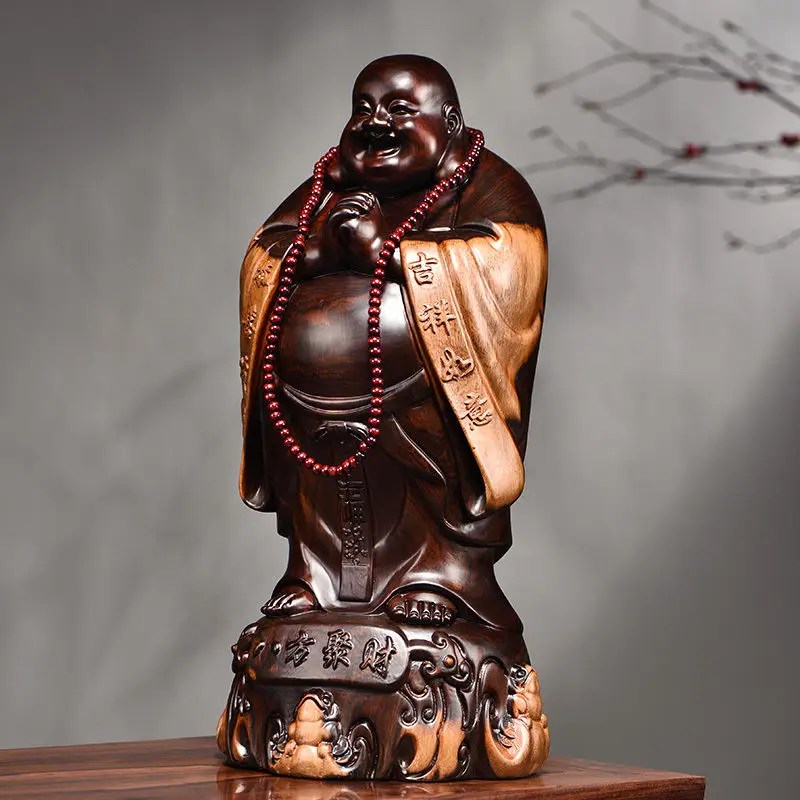 Ebony Wood Carving Maitreya Buddha Ornaments Solid Wood Large Laughing Buddha Statue Crafts Rosewood Home Hallway Gifts