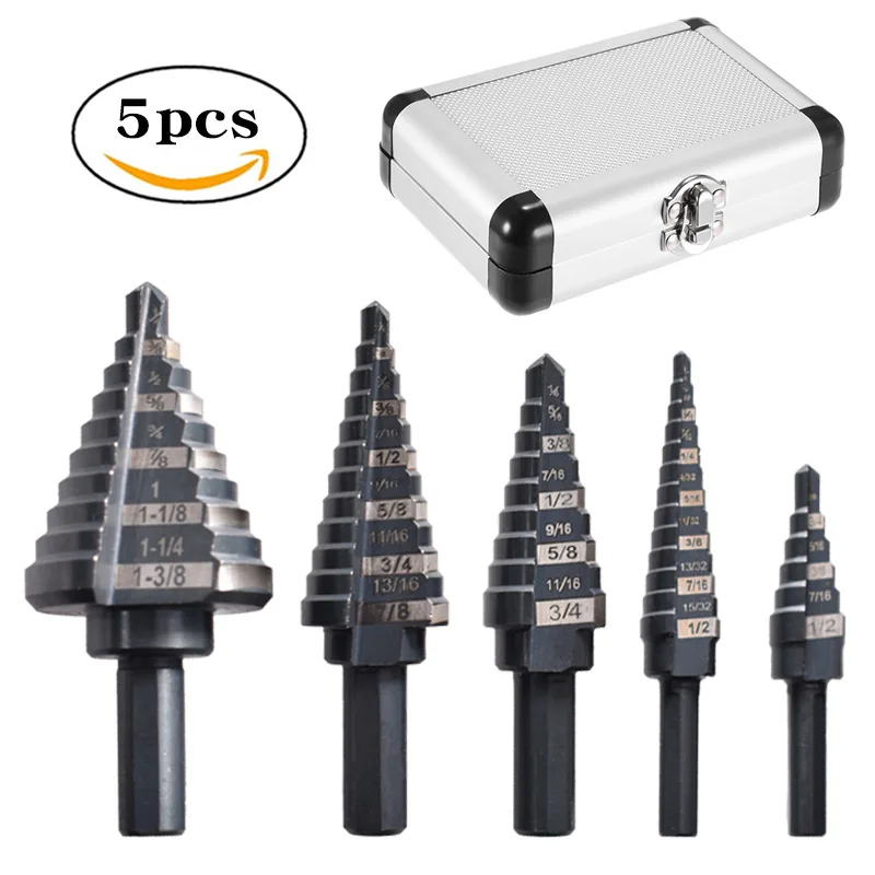 İnç Adım Matkap Üçgen Şaft Yüksek Hız Çeliği Siyah Ve Beyaz iki renkli Adım Matkap Pagoda Matkap Ucu Seti Metal Delik Açıcı ile