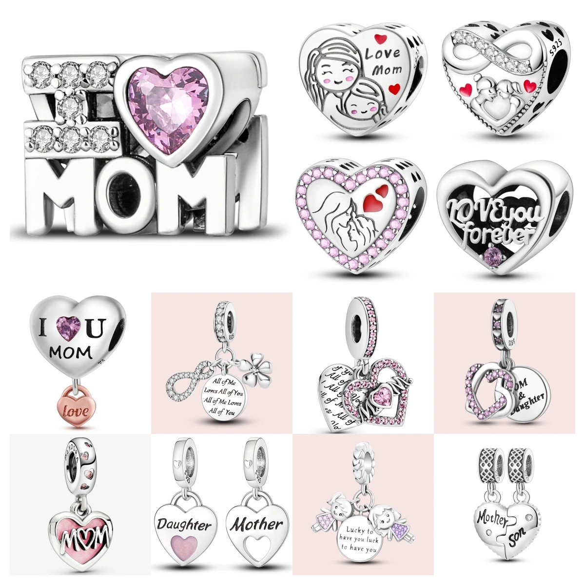 

CYMYSS S925 Sterling Silver 925 I LOVE MOM And Daughter Beads Pendant Suitable For Bracelets DIY Simple Jewelry Mother Day Gift