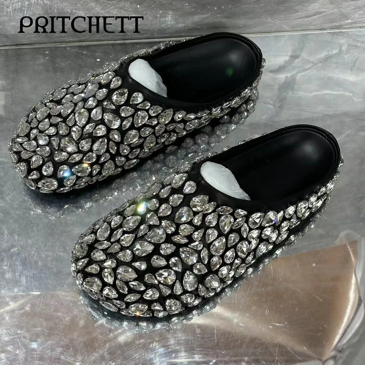 Handmade Luxury Gemstone Slippers Round Toe Soft Sole Comfortable Thick Sole Slippers Rhinestone Fashion Women's Shoes