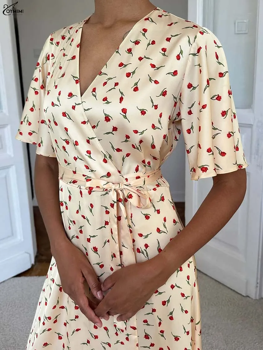 Oymimi 秋イエロープリントレディースドレスファッション V ネック半袖レースアップドレスエレガントなサテンストレートミッドカーフドレス