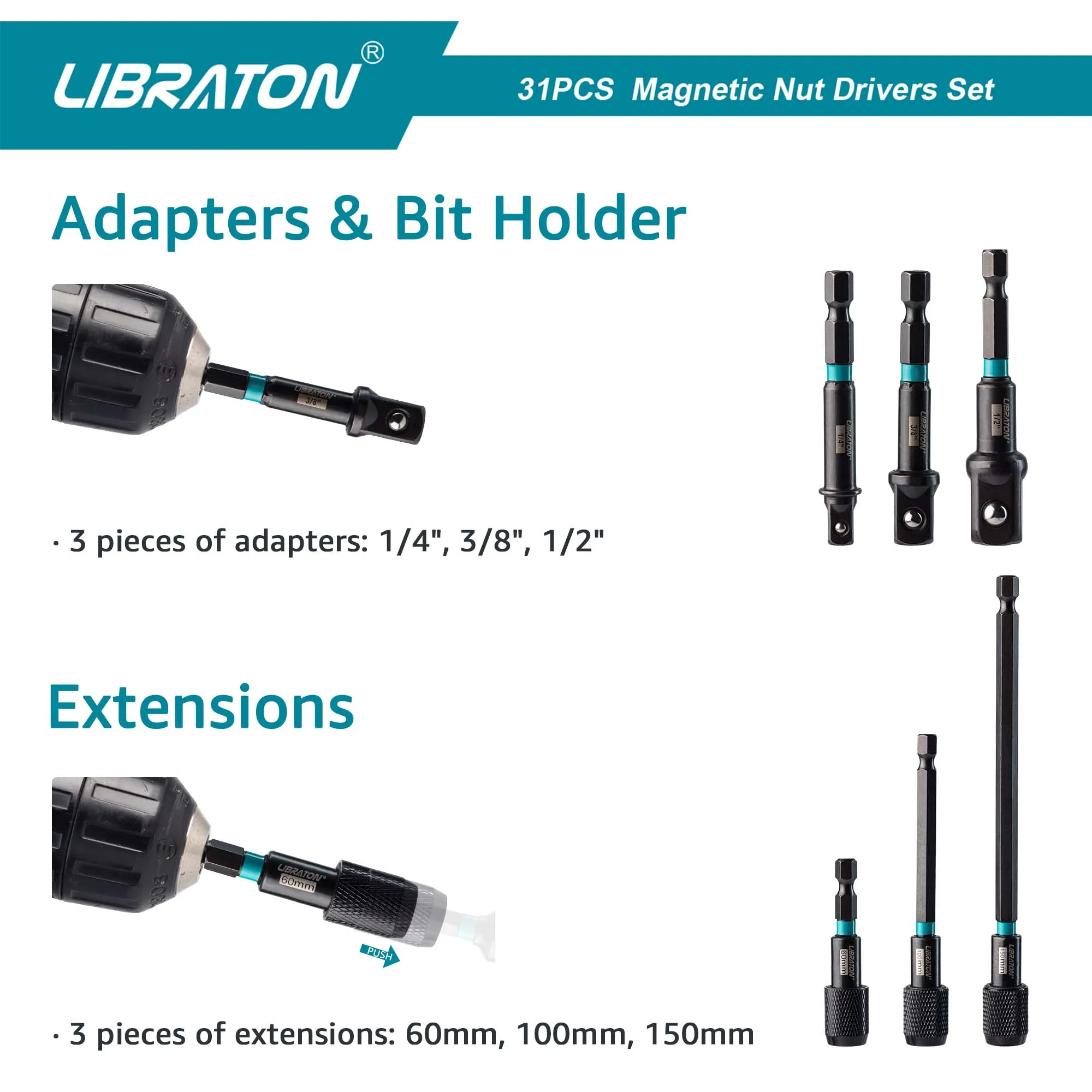 Libraton Magnetic Nut Driver Metric & SAE, 31PCS Impact Drill Driver Bit Set, Screwdriver Bits, Impact Socket Adapters