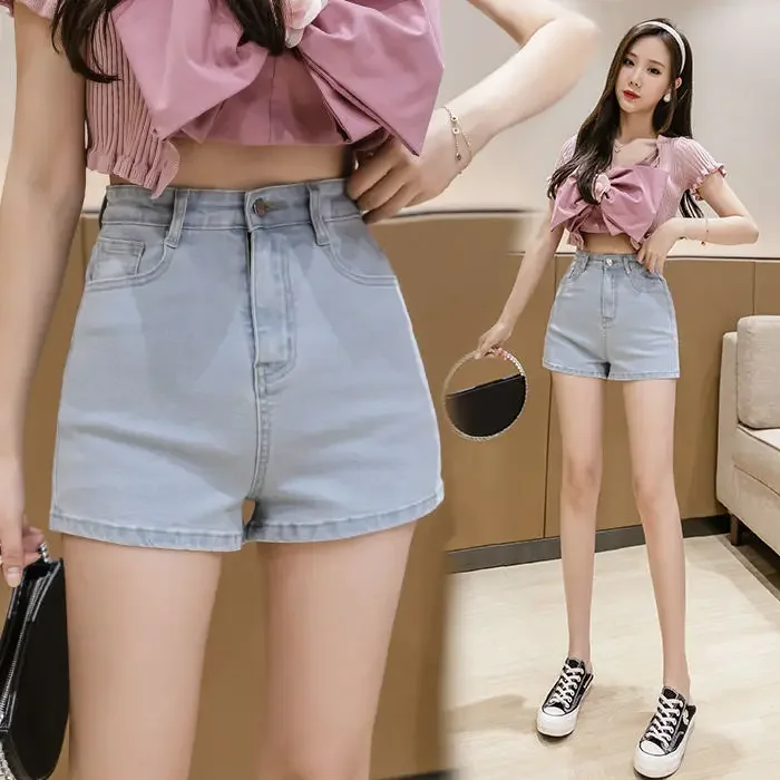 Shorts Women White High-Waist Tight Stretch Denim Shorts Women's Summer Loose A- Line Ropa Mujer