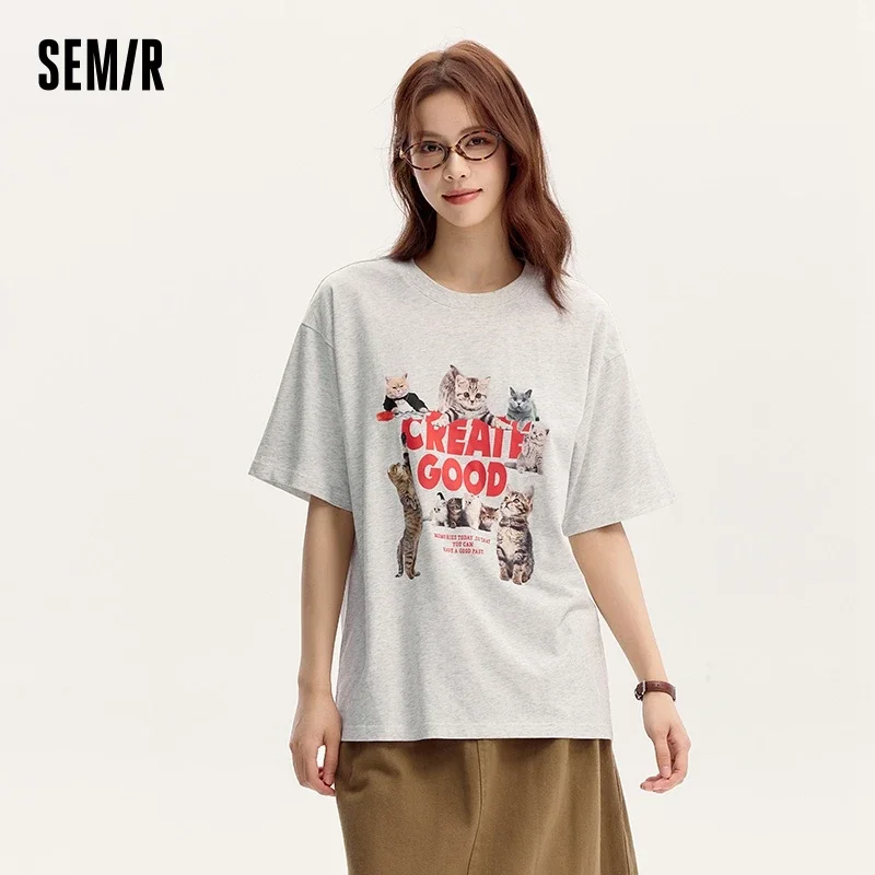 

Semir Short-Sleeved T-Shirt Women 2024 Summer New Mid-Length Letter Print Personalized Trendy Loose Fit Cat-Themed Clothing