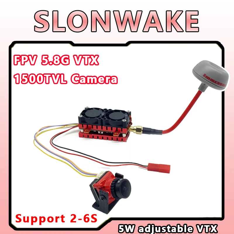 SLONWAKE 듀얼 냉각 선풍기 내장 마이크, 5W 5.8G 48CH FPV VTX 송신기 모듈, 1500TVL 카메라 RC 고정익 드론