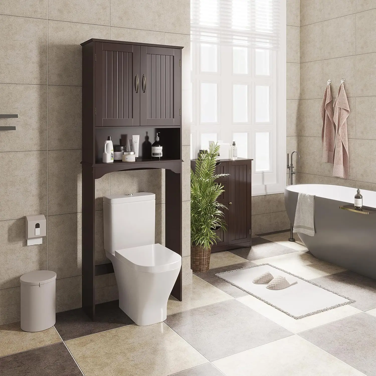 

Over The Toilet Storage with 2 Doors & Adjustable Shelf, Free Standing Toilet Rack Wooden Space-saving Collect Cabinet