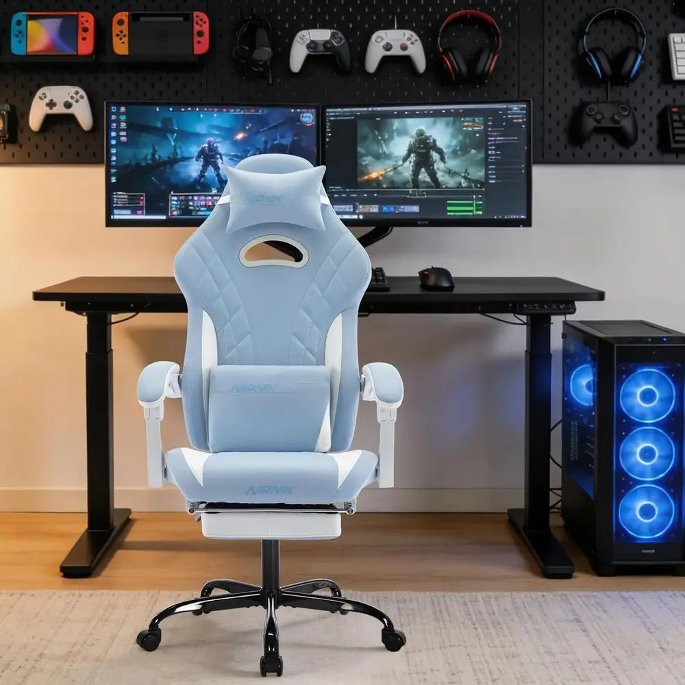Ergonomic Gaming Chair with Ottoman and Massage Lumbar Support, Cyan White Office Video Game Chair view 2