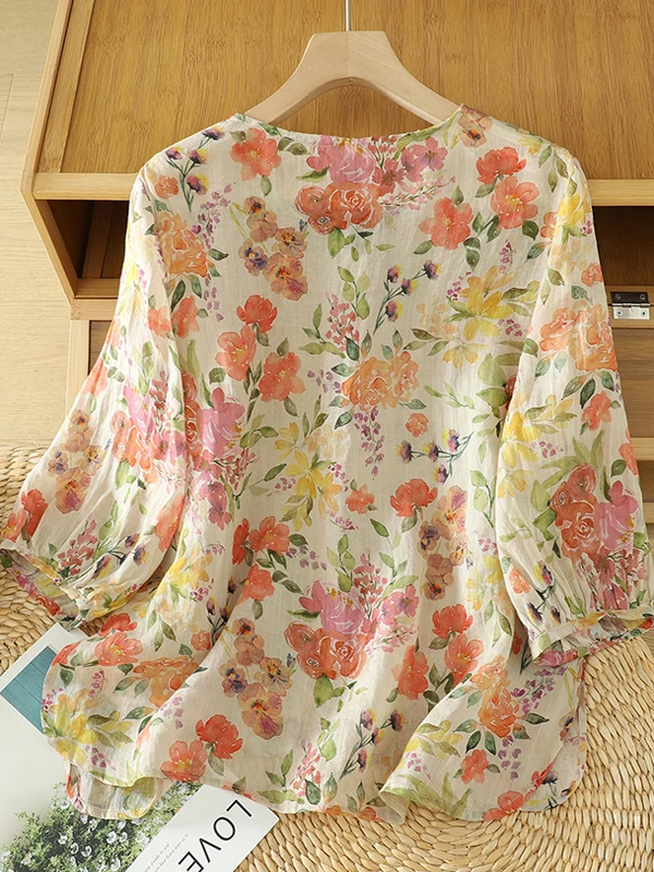 레트로 플로럴 코튼 린넨 5부 소매 여성 여름 패셔너블 루즈 캐주얼 브이넥 코튼 린넨 탑