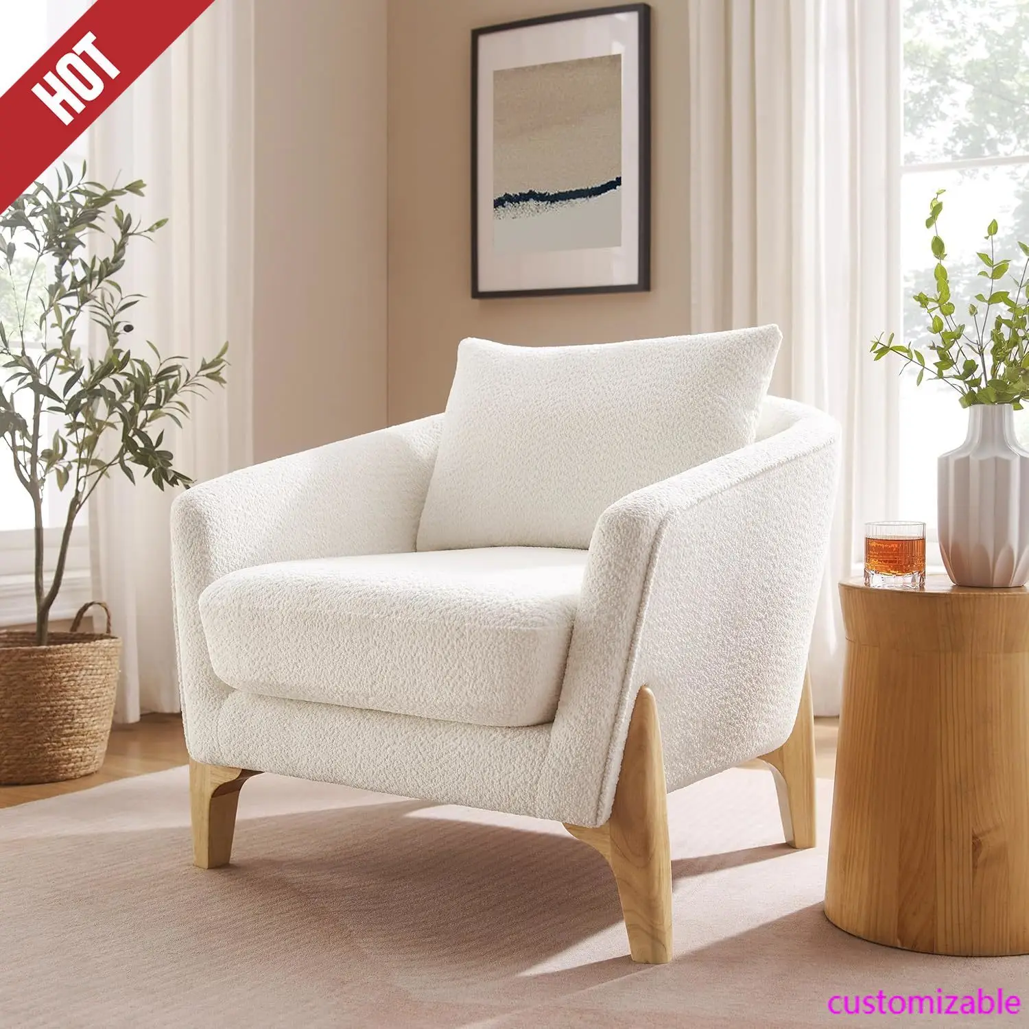 31" Oversized Reading Chair Comfy Upholstered Boucle Lounge Armchair, Modern
