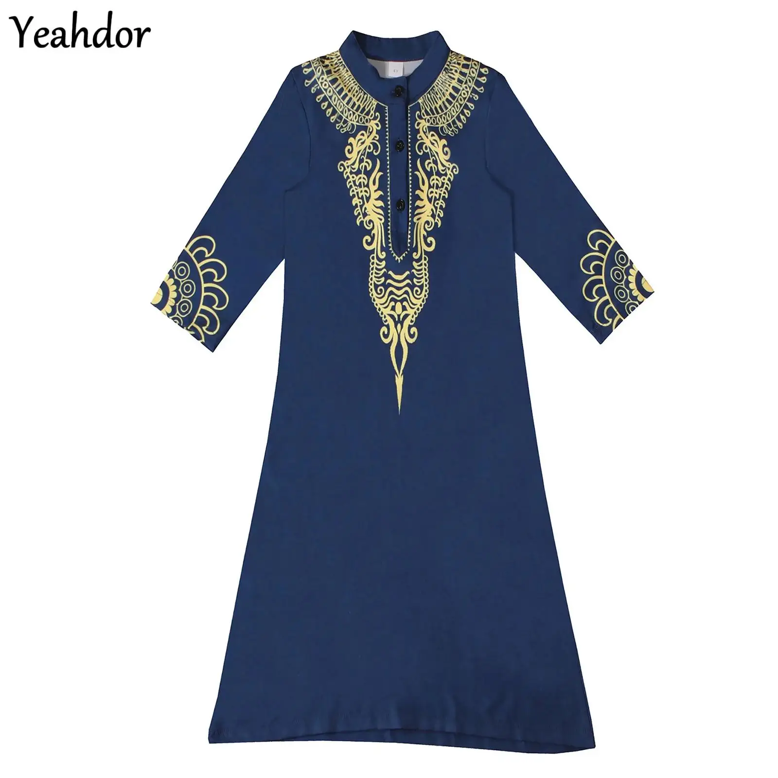 Muslim Arab Boys Robe Long Sleeve Floral Pattern Islamic Kaftan Thobe Dress Middle East Clothing for School Holidays Weddings