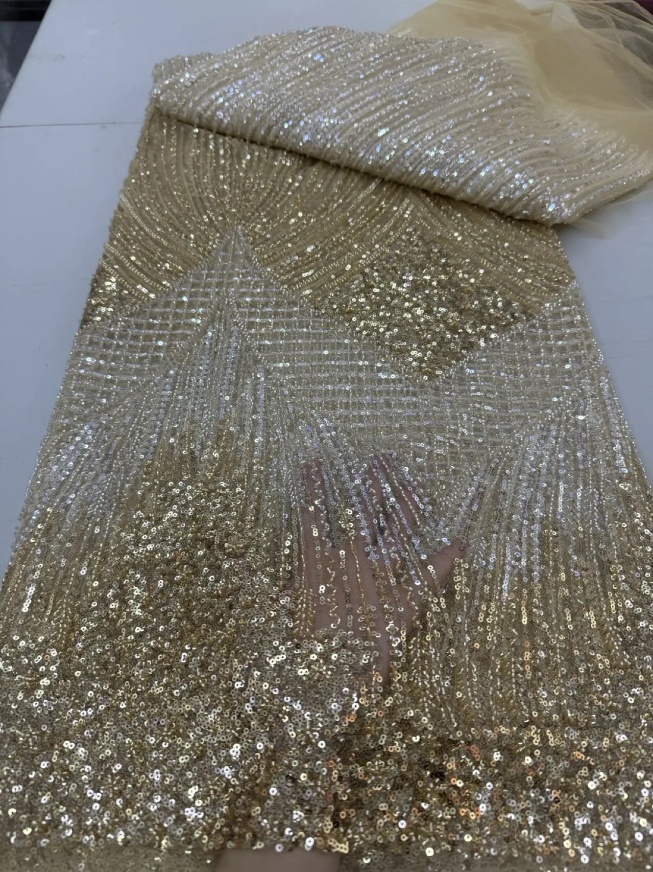 

2025 African Nigerian Latest High Quality With Guipure Embroidery Tulle Sewing Lace Fabric Dresses Sequins 5Yards JY494