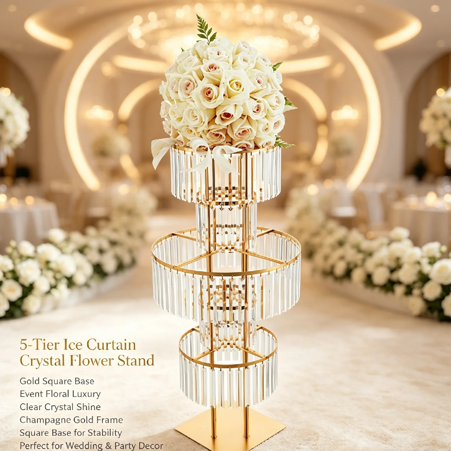 5-Tier Gold Display Stand, 110cm High Crystal Wedding Centerpieces Floral Rack, Free Standing Flower Stand for Banquet, Festival, Birthday Party